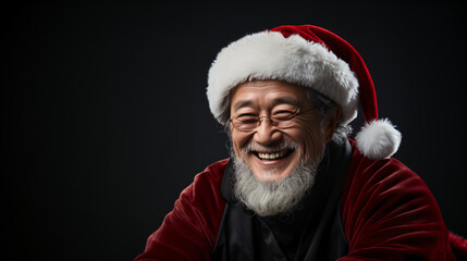 portrait of smiling asian senior man in Santa Claus hat with long white beard looking at camera against dark background