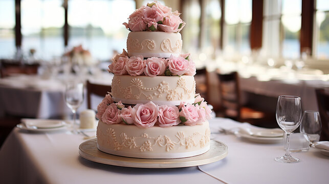 A large tiered wedding cake decorated UHD wallpaper Stock Photographic Image