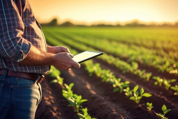 Male farmer holding tablet on soybean farm agricultural field, Technology agriculture farming concept. - obrazy, fototapety, plakaty