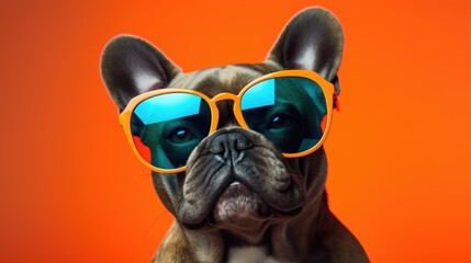 A dog in sunglasses on a monochromatic background with multi-colored lighting. Joke and relaxation.