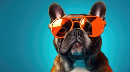 A dog in sunglasses on a monochromatic background with multi-colored lighting. Joke and relaxation.