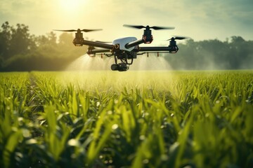 Smart farm drone flying spray over green field, Modern technologies in agriculture.