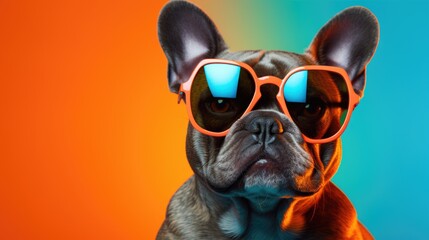 A dog in sunglasses on a monochromatic background with multi-colored lighting. Joke and relaxation. - obrazy, fototapety, plakaty