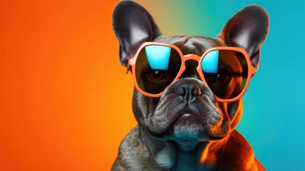 Poster A dog in sunglasses on a monochromatic background with multi-colored lighting. Joke and relaxation. © Restyler