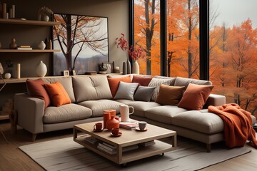 Modern living room interior in autumn natural and comfortable atmosphere.