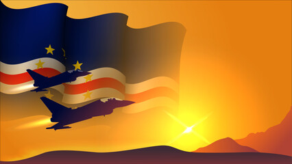 fighter jet plane with cape verde waving flag background design with sunset view suitable for national cape verde air forces day event