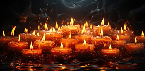 a group of candles in a dark background, in the style of photorealistic pastiche, light orange, romantic illustration, soft-edged, cinestill 50d, gothic atmosphere