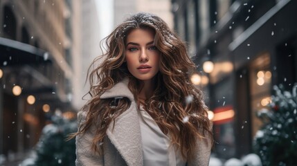 A young attractive woman demonstrates fashionable winter clothes on a city street. Dynamic pose. Fashion, female beauty.