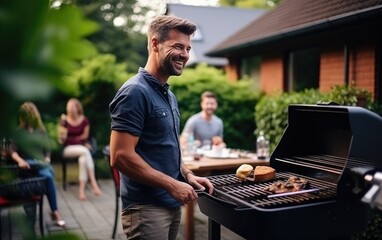 Happy man grilling in his backyard talking with his friends and family - obrazy, fototapety, plakaty