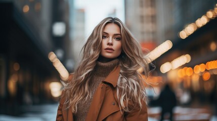 A young attractive woman demonstrates fashionable winter clothes on a city street. Dynamic pose. Fashion, female beauty.
