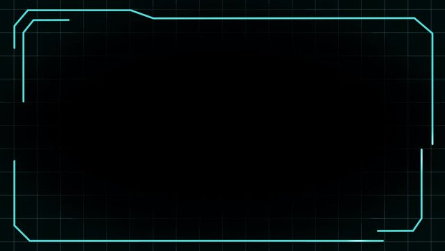Futuristic HUD interface frame panel control screen with grid texture, vignette effect and strokes passing thru to be used as overlay. Alpha channel. ProRes 4444. Animation. Green screen. Loop Animati