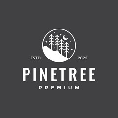 night view pines trees crescent circle hipster simple peak logo design vector icon illustration