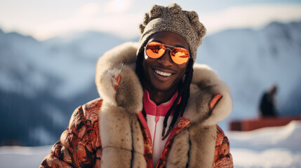 Luxury African American model at a ski resort wearing winter fashion clothes. Fashion and beauty. - obrazy, fototapety, plakaty
