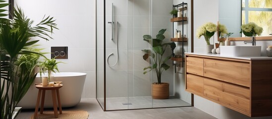 New minimal bathroom interior with glass shower vanity cabinet and bright design - obrazy, fototapety, plakaty