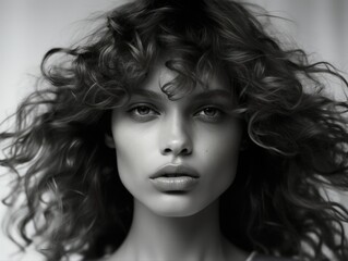 Fototapeta premium Cute Italian brunette woman with curly hair posing in front of the camera. Fashion and beauty.