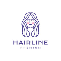 beautiful woman long hair feminine smile cartoon flat mascot character colorful simple line style minimalist logo design vector icon illustration