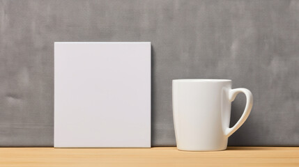 Obraz na płótnie Canvas Blank white cup of coffee and white paper packaging mockup on wooden table, Display for merchandise. Generative AI