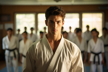 young male man in karate with others in a classroom