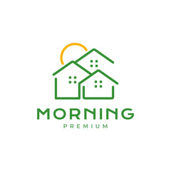 housing cottage village sunrise morning minimalist style clean simple line logo design vector icon illustration