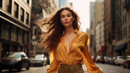 Fototapeta premium A young attractive woman demonstrates fashionable clothes on a city street. Dynamic pose. Fashion, female beauty.