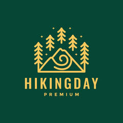 mountain hiking peak forest trees minimalist style line simple logo design vector icon illustration