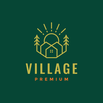 home village rural tree forest sunburst minimalist style line simple logo design vector icon illustration