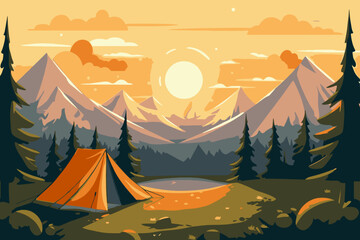 Camping and hiking in the mountains. Vector illustration in flat style