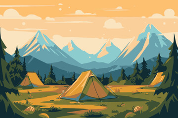 Fototapeta na wymiar Camping and hiking in the mountains. Vector illustration in flat style