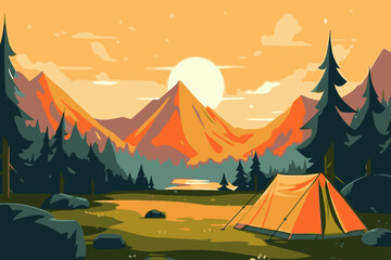 Camping and hiking in the mountains. Vector illustration in flat style