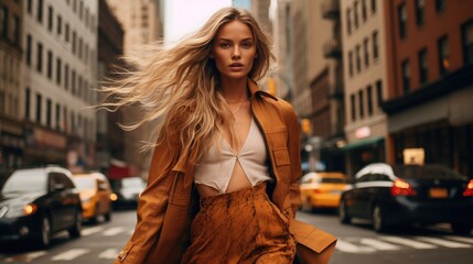 Fototapeta premium A young attractive woman demonstrates fashionable clothes on a city street. Dynamic pose. Fashion, female beauty.