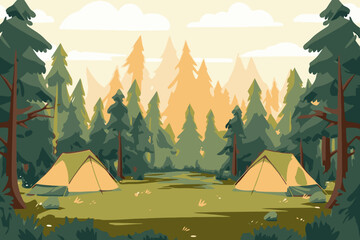 Camping and hiking in the mountains. Vector illustration in flat style