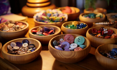 buttons, cupboards, wooden bowls
