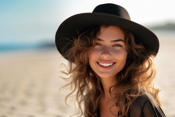 Young stylish woman in a straw hat on the beach. Happy tanned woman laughing during summer vacation. Beautiful fashionable girl relaxing on the beach.