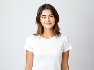 Fototapeta premium Nice young woman in a white T-shirt on a plain background.