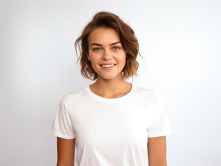 Fototapeta premium Nice young woman in a white T-shirt on a plain background.