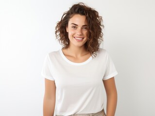 Fototapeta premium Nice young woman in a white T-shirt on a plain background.