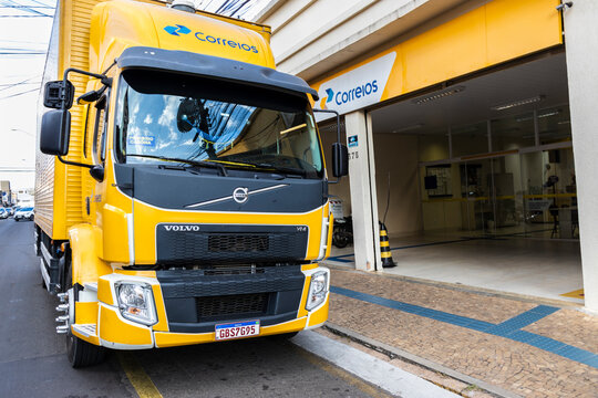 Marilia, Sao Paulo, Brazil, August 23, 2023. Box truck for Sedex transport and deliveries parked in front of a post office in the center of the city of Mar&iacute;lia