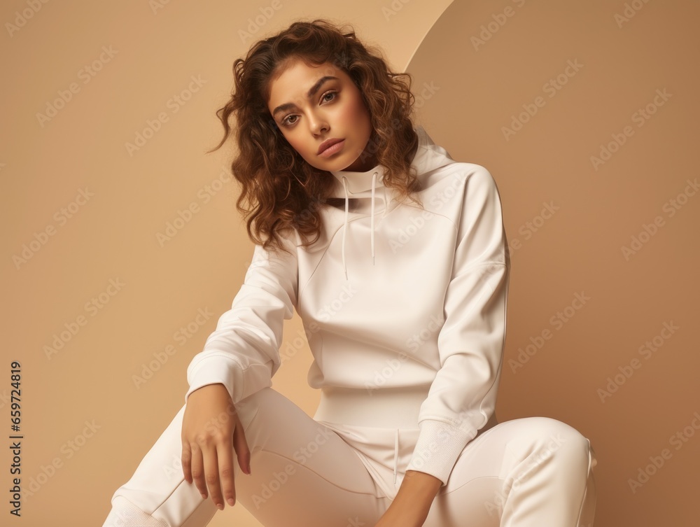 Wall mural Young athletic woman in sportswear on a beige background. Fashion and beauty, sports style, active lifestyle.