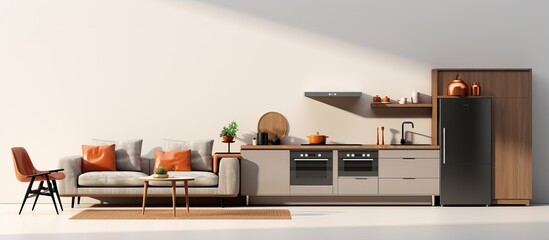 of furniture and kitchen equipment on white background