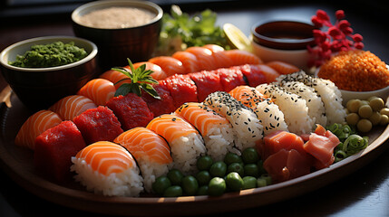A sushi platter with an assortment of beautifully UHD wallpaper Stock Photographic Image