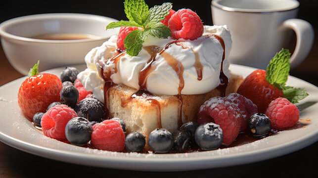 Angel food cake with whipped cream and berries UHD wallpaper Stock Photographic Image