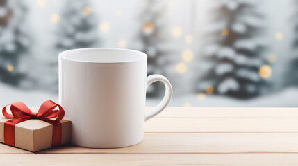 Blank white mug mockup on wooden table with Christmas gift box background, Empty cup template. Generative AI
