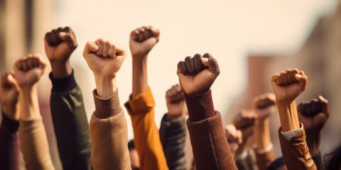 Group of multi ethnic people raising their fists up in the air