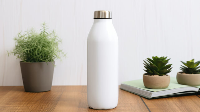 Mockup of a blank white water bottle with nature background, Empty reusable bottle template, Package display. Generative AI