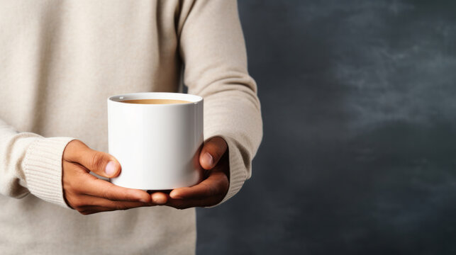 Hand holding blank white mug mockup on cozy background, Empty cup template. Generative AI