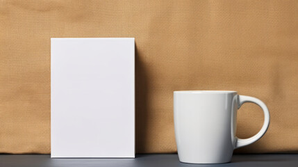 Obraz na płótnie Canvas Blank white cup of coffee and white paper packaging mockup on wooden table, Display for merchandise. Generative AI