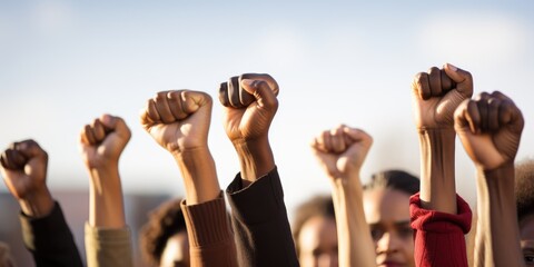 Group of multi ethnic people raising their fists up in the air - obrazy, fototapety, plakaty