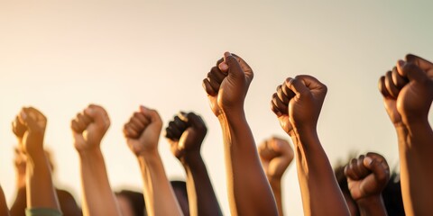 Group of multi ethnic people raising their fists up in the air