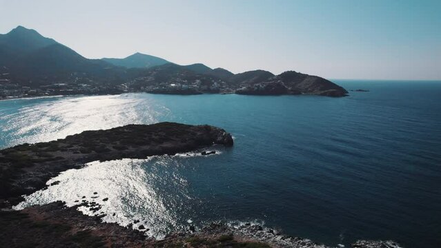 Mirabello bay at Crete island, aerial sea scenery, Greece. High quality 4k footage
