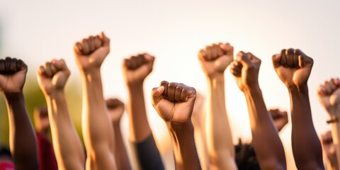 Group of multi ethnic people raising their fists up in the air
